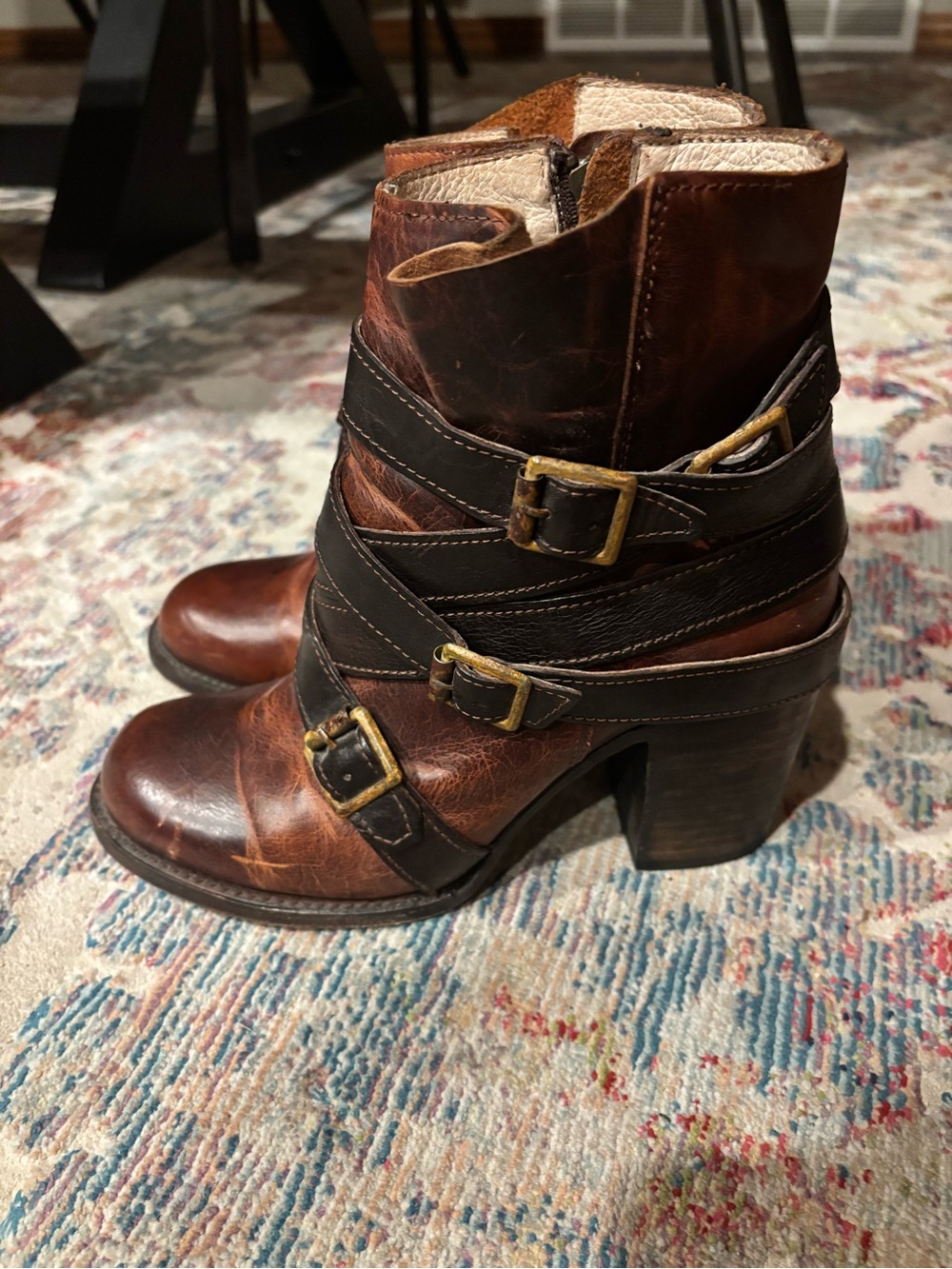 Freebird by Steven Hustler Distressed Brown Leather Multi-Strap Ankle Boots